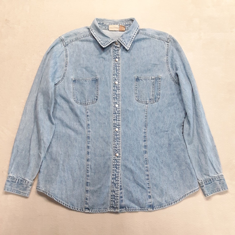 Vintage Crossroads Womens Lightwashed Snap Button Shirt Large Blue Cotton LS
